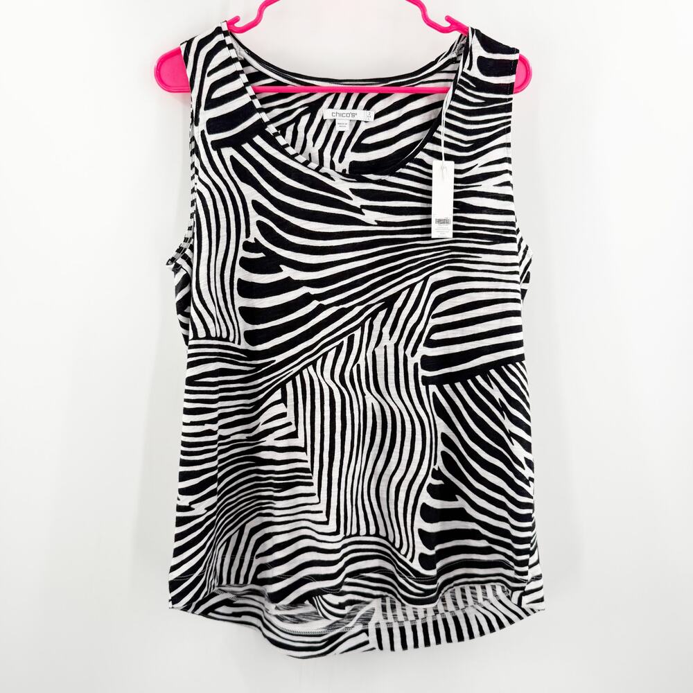 CHICO'S Cotton Slub Tank Top Size Large Zebra Scoop Neck NWT Basic Knit B&W
